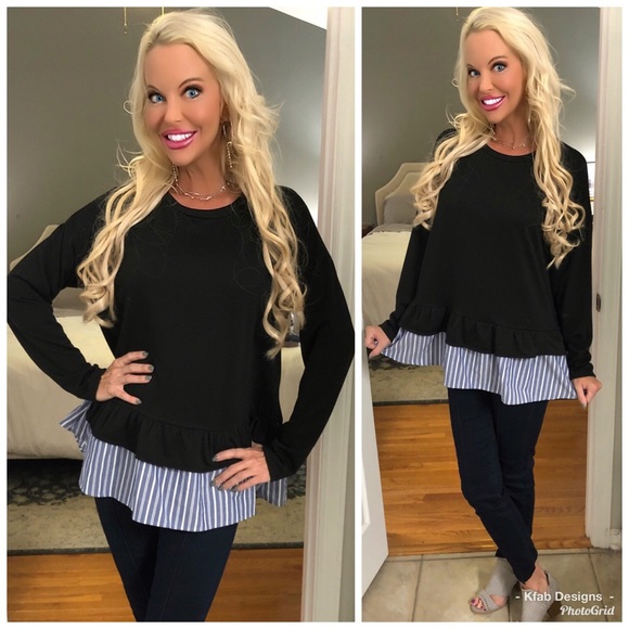 Tops - ❤️ SALE! Black Tunic with Ruffle Striped Hem!